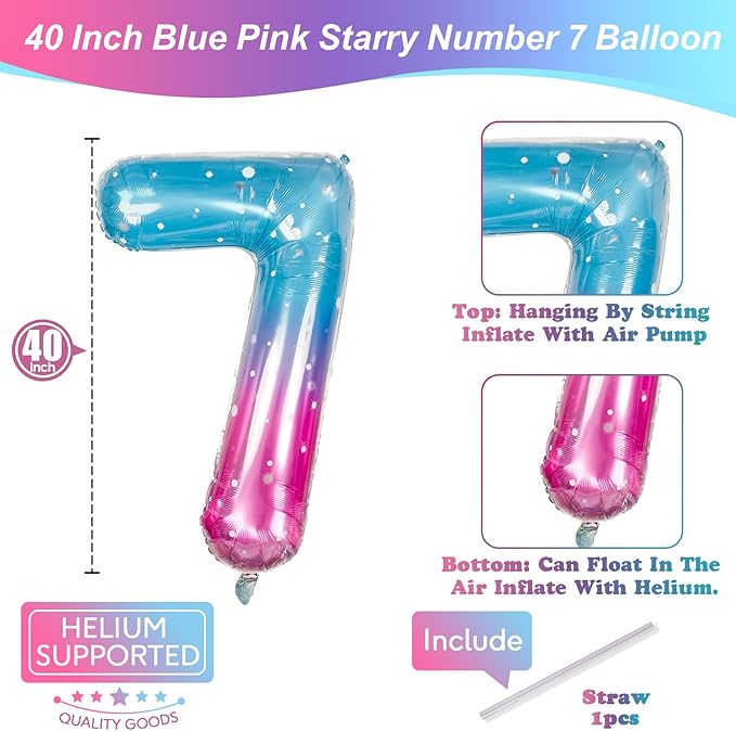 40 Inch Balloon Number 7 Mermaid, Large Mylar Foil Blue Pink Starry Number Seven Balloons Set for Girls Women, Rainbow Globos de Numero 7 Helium Balloons for Girls 7th Birthday Party Decorations