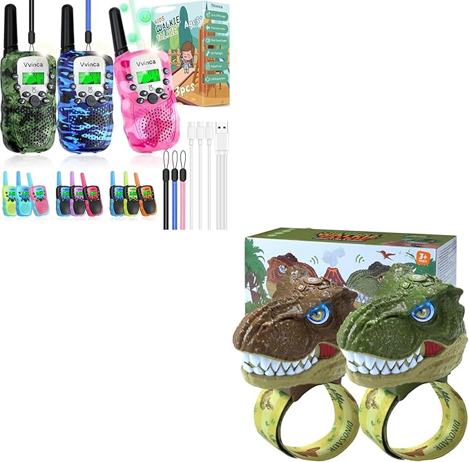 Vvinca Walkie Talkies for Kids 5 Pack - Toys for Boys Girls Age 3-12， Including Dinosaur Walkie Talkies 2 Pack, Rechargeable Walkie Talkie 3 Pack, Kids Toys for Christmas、Birthday Gifts for Toddlers