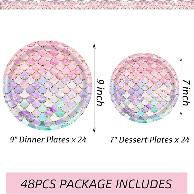 48 Pcs Mermaid Birthday Party Decorations Plates Set for 24 Guests,Little Mermaid Party Supplies Ocean under the Sea Party Tableware Plate for Princess Girls Baby Shower