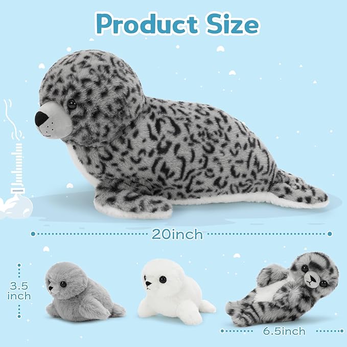 4 Pcs Seal Stuffed Animal Set, 20" Mother Plush Toy with 3 Babies in Mom's Belly, Cute Leopard Stuffed Seal Plushie for Girls Boys Kids