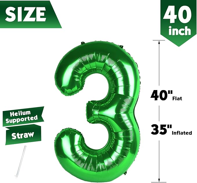 40 Inch Dark Green Number 3 Balloon, Giant 3 Number Balloons for 3rd Birthday Decorations, Party Supplies for Baby Boy Girl, Dark Green Party Decor