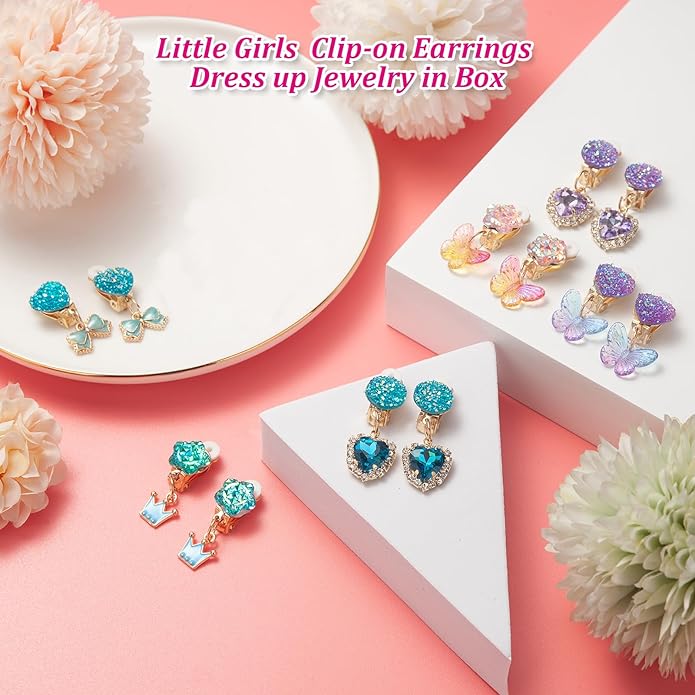 Clip on Earrings for Girls, 16Pcs Kids Clip on Earrings for Little Girls Dangle Stick on Earring Party Favor, Toddler Earring Princess Pretend Play Dress up Jewelry Gifts