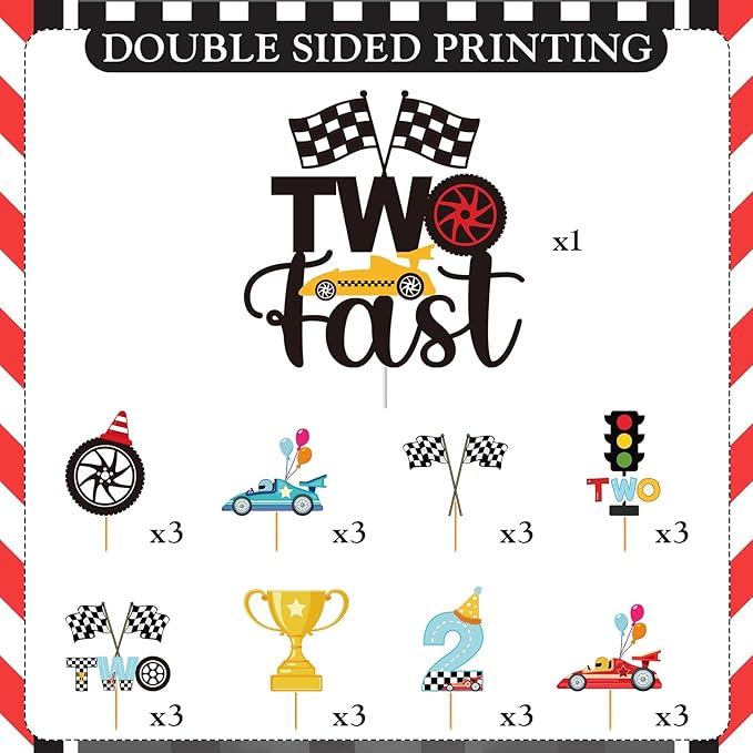 Two Fast Cake Decorations - 25 Pcs Race Car Theme Curious Baby 2nd Birthday Cupcake Topper Let's Go Racing Table Decor Trophy Checkered Flag Traffic Light 2 Years Old Party Supplies for Boys