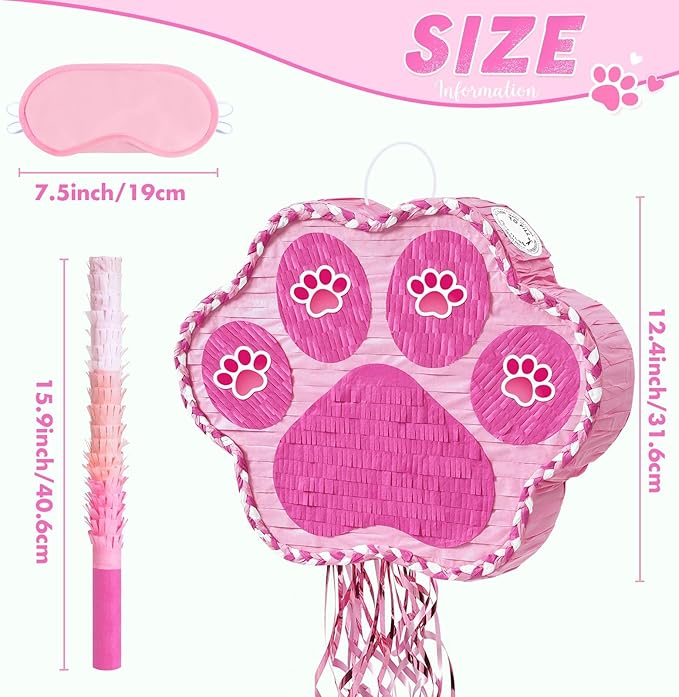 WERNNSAI Pink Dog Paw Piñata - Dog Piñata Pet Theme Party Games Pink Girl Style Puppy Paw Party Decorations Animal Party Supply for Kids Birthday with Blindfold