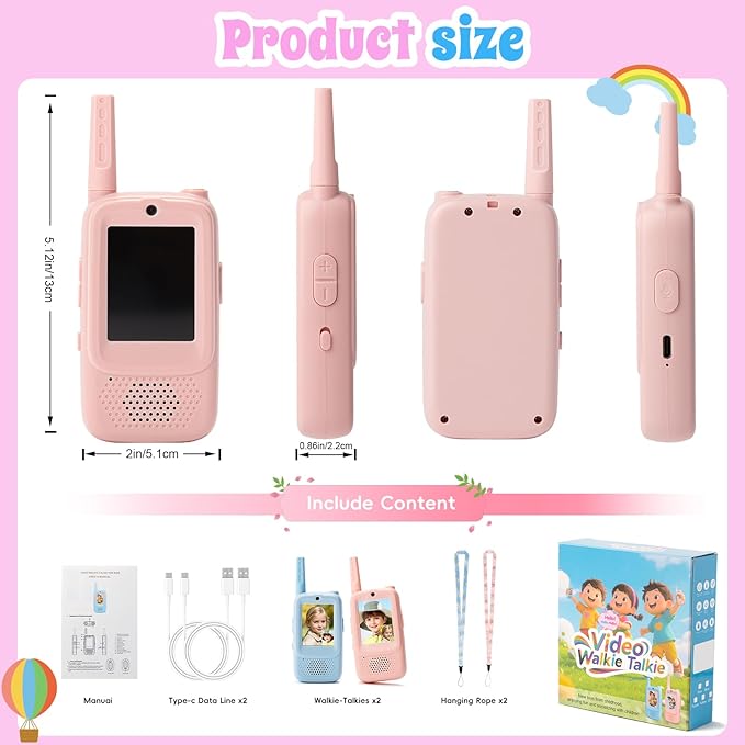 Video Walkie Talkies for Kids, 2 Pack Handheld Rechargeable Walkie Talkie 2 Player Toy with Screen, Long Range Two Way Radios, 4 Voice Effects, Fun Birthday Gift for Boys Girls Ages 3 4 5 6 7 8-12