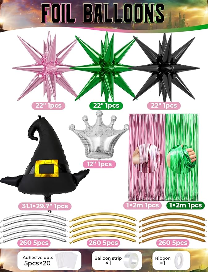 Pink and Green Balloon Garland Arch Kit - Witch Balloon Arch Kit, Pink Green Balloons and Foil Fringe Curtains, Witch Hat Crown Exploding Star Broom Balloons for Birthday,Witch Themed Party Decor
