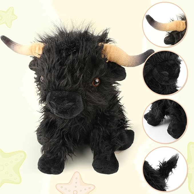Highland Cow Stuffed Animal,10.5 inches Realistic Cow Plush Toy,Animal Cattle Plush Farm Toy,Farm Plushie Christmas Birthday Present for Boys Girls Kids Grandchildren (Black)
