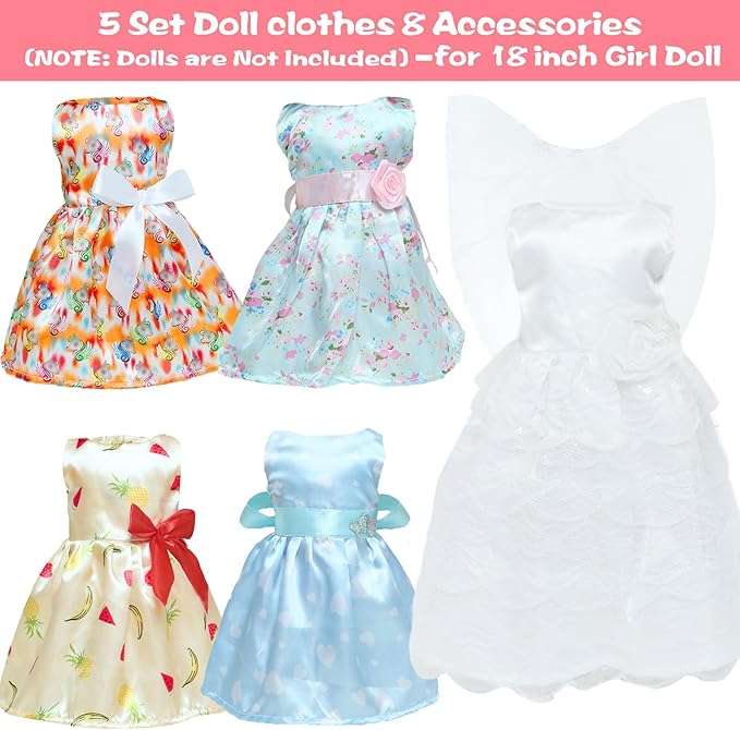 5 Sets 18 Inch Girl Doll Wedding Gown, Fashion Clothes and Accessories, 1 Bride Gown with Veil, 4 Satin Doll Dresses, Gift for American Doll Clothing
