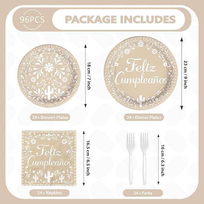 96Pcs Feliz Cumpleaños Party Supplies Floral Mexican Fiesta Happy Birthday Plates and Napkins Mexico Clay White Flowers Cactus Cino De Mayo Tableware Set for Birthday Party Decorations Serves 24