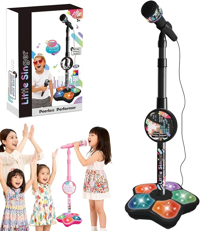 The Multifunctional Microphone Toy, Multi-Functional Microphone Toy with Adjustable Stand, Speakers and Lights, Compatible with Mobile Phones, for Christmas and Birthday (Black)