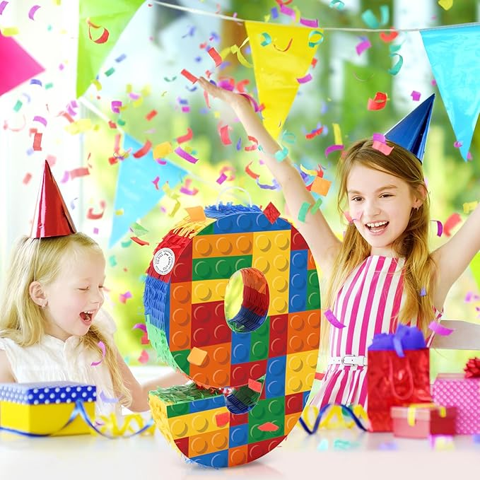 Number 9 Building Blocks Piñata 16.5 Inch 5th Birthday Party Supplies Party Decorations Piñata with Confetti Blocks Theme Fiesta Anniversary Celebration