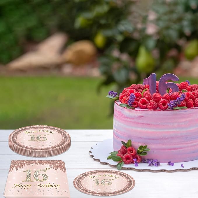 40PCS 16th Birthday Decorations for Girls Rose Gold Sweet 16 Party Decorations Kits Include Sweet 16 Plates and Napkins Set Sweet 16 Table Decorations for Girls Teenager Princess Party Supplies