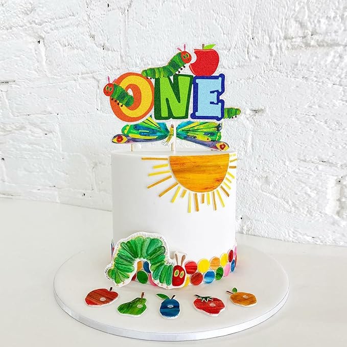 Cartoon Hungry Caterpillar One Year Old Cake Topepr, Reading Story Theme 1st Birthday Cake Decor,Summer Spring First Birthday Party Decorations for Boys Girls
