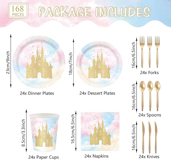 168pcs Princess Party Decorations Castle Paper Plates Napkins Disposable Tableware Set Paper Cups Watercolor Pastel Rainbow Princess Castle Birthday Party Supplies Serves 24