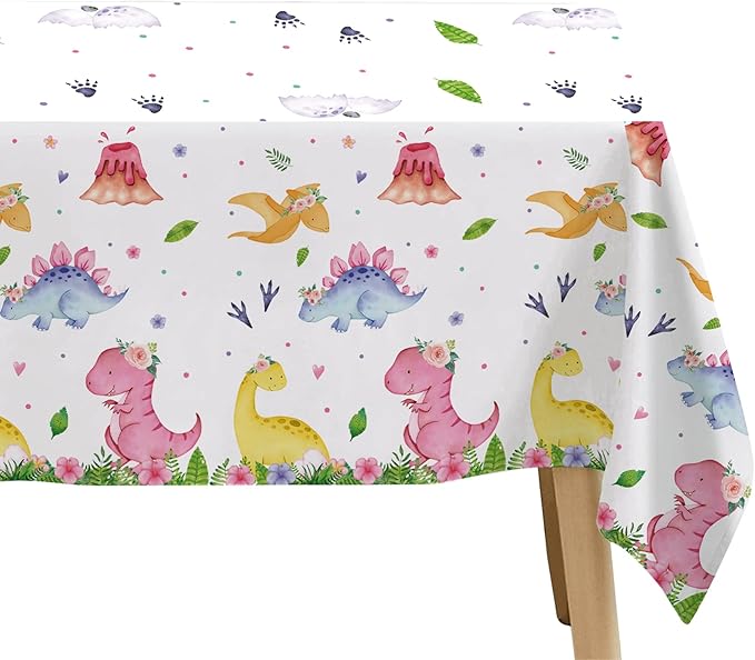 Dinosaur Birthday Party Supplies Tablecloth for Girl - Pink Dinosaur Baby Shower Decorations Table Cover, 3 Pack (54in x 108in)