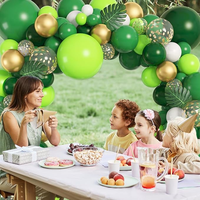 Amandir 163Pcs Jungle Party Balloons Garland Arch Kit, Gold Lime Green Balloons with Artificial Tropical Palm Leaves for Dinosaur Safari Decorations Wild One Birthday St Patricks Day Party Supplies