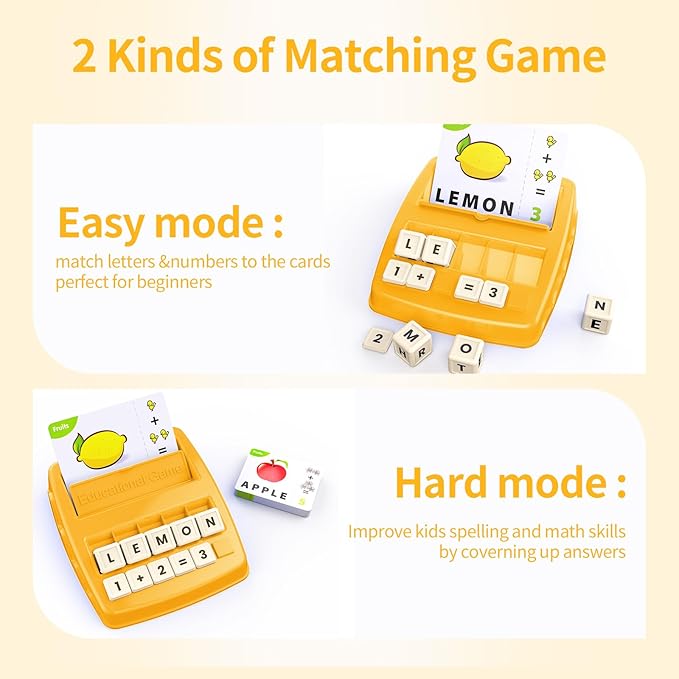 Educational Toys for Kids Ages 3-8, Matching Letter Spelling Game ABC Math Learning, Xmas Birthday Party Gifts for 3 4 5 6 7 8 Year Olds Boys and Girls Yellow