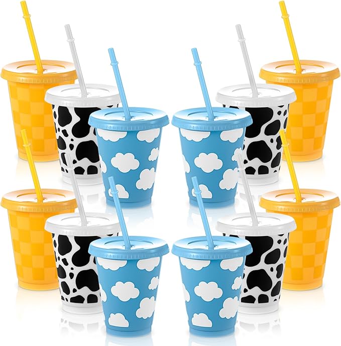 Tioncy 12 Pcs 16 Oz Cartoon Themed Party Reusable Plastic Cups Plastic Tumbler with Lid and Straw Drinking Cup Cartoon Carnival Birthday Party Supplies for Decorations