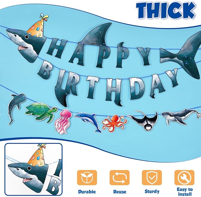 WERNNSAI Shark Happy Birthday Banner Set - Ocean Theme Party Supplies for Kids Boys Pre-strung Shark Birhday Banner and Ocean Animal Banner Beach Under The Sea Theme Party Decorations Hanging Wall Decor