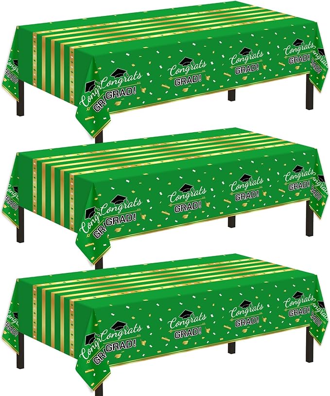 Childom 3 Pack Graduation Tablecloth,Graduation Decorations Class of 2026 Graduation Party Decorations,54"x108" Green and Gold Plastic Table Cloth Disposable Rectangle for Home,School,Party Supplies