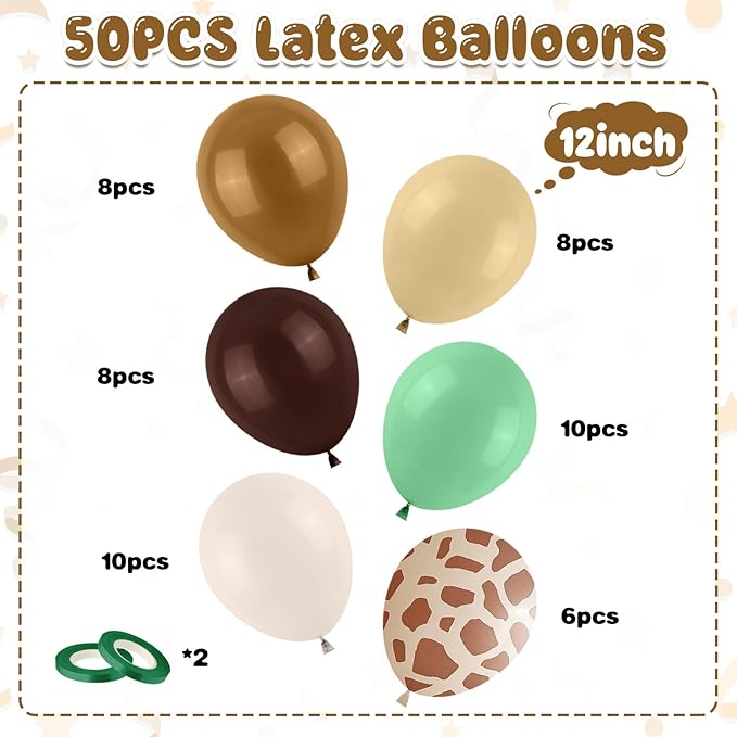 Green Brown Balloons, 50PCS 12Inch Safari Jungle Balloon with Sage Green Brown Gold Cream Balloons Retro Khaki Apricot for Giraffe Woodland Animal Baby Shower Birthday Wild Party Decorations
