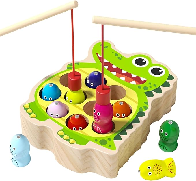 Magnetic Wooden Fishing Toy for Toddlers 2-4, Crocodile Montessori Toys for 2 3 4 Year Old, Fine Motor Skills Early Educational Learning Toy for Kids Boys Girls (Crocodile)
