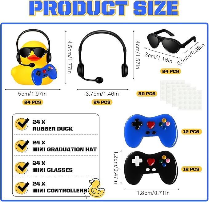 Leitee 24 Sets Video Game Party Favors Rubber Ducks with Mini Headset Glasses and Controllers Cute Bath Rubber Ducks Small Bathtub Accessories Toys for Birthday Swimming Party Favors Decoration
