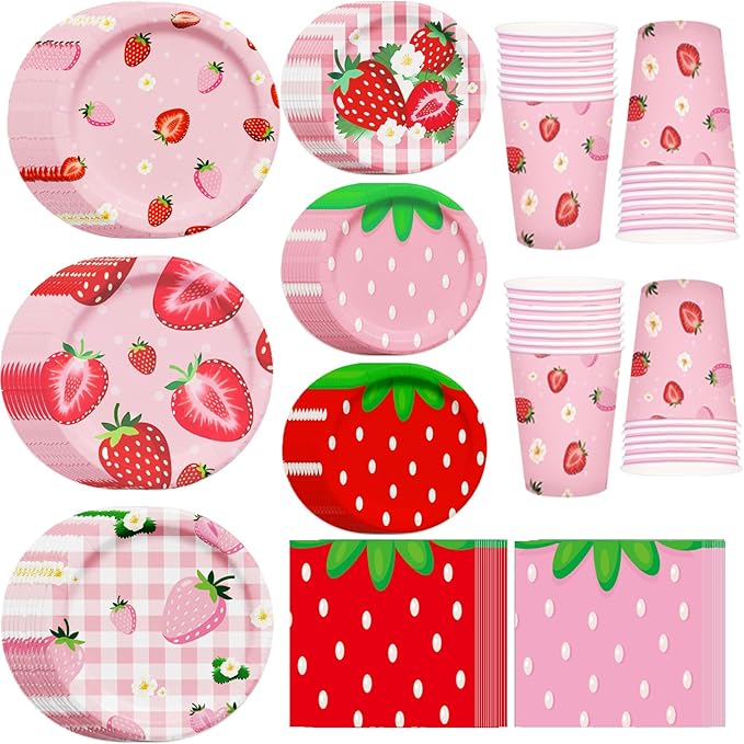120PCS Strawberry Party Decoration Disposable Paper Plates, Cups, and Napkins for Strawberry Themed Party Decorations for Girl Boy Summer Sweet Baby Shower Supplies, Serve 30