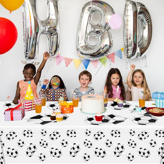Soccer Party Tableware ,16 Plates and 16 Napkins and Tablecloth 71 '' x 42 ''Soccer Sports Themed Birthday Decorate Supplies
