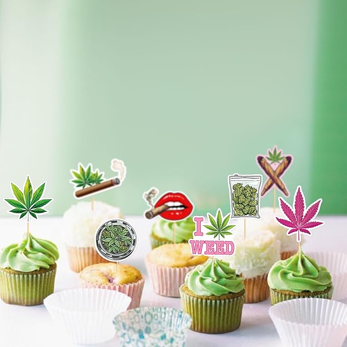 Ercadio 32 PCS Dope Happy Birthday Have a Dope Birthday Cupcake Toppers Pot Leaf Weed Leaves Cupcake Picks Green Marijuana Dope 420 Themed Party Supplies