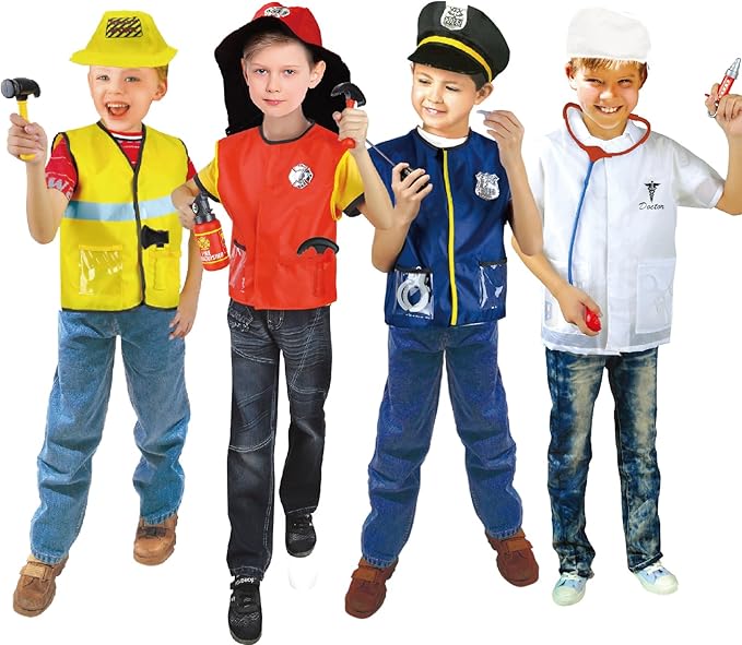 4 Sets Dress Up Clothes for Kids, Pretend Dress Up Trunk of Firefighter costume/Doctor/Policeman/Construction Worker Role Play Set with Realistic Accessories