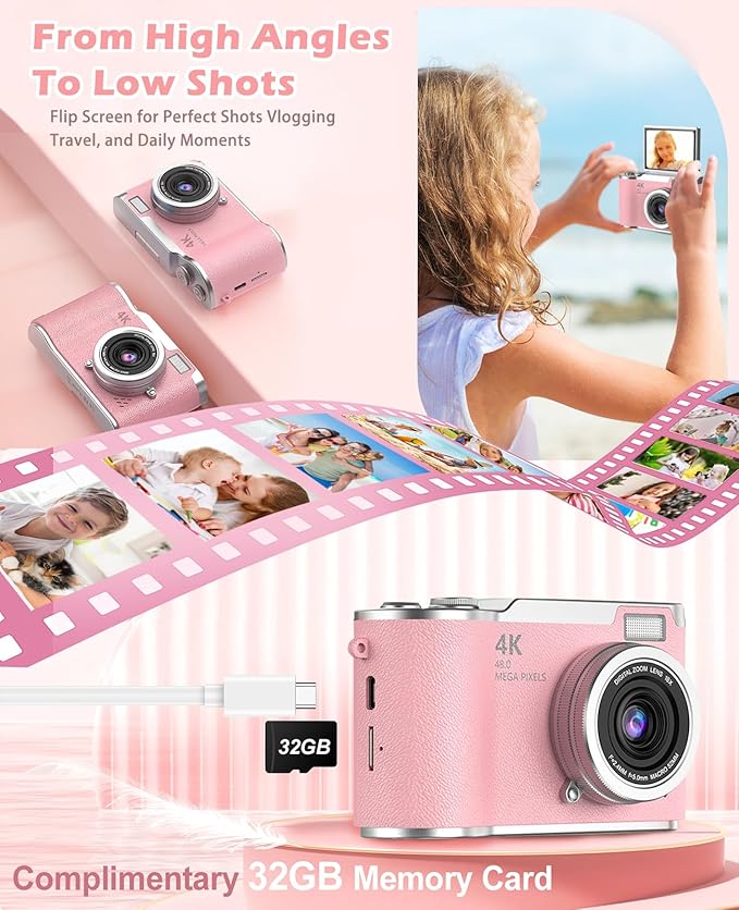 Kids Camera,4K Digital Camera for Photography,48MP 1080P HD Video Selfie Camera,with 180° Flip Screen Flash,with 32GB SD Card,for Starter Kid Children Teen Student Girl Boy(Pink)