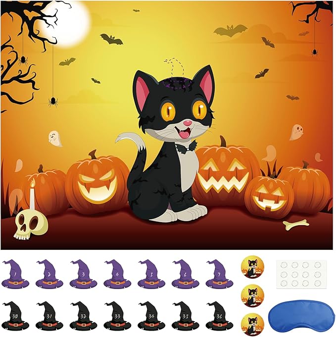 Morcheiong Halloween Game Pin The Tail on The Cat Game with 36 Hats, Halloween Party Activities Favors Supplies for Kids