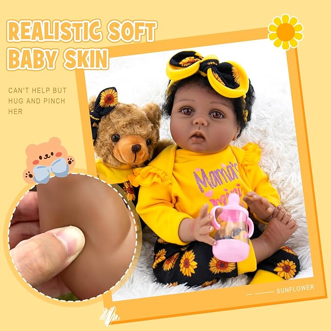 Aori Reborn Baby Dolls Black - 22 Inches Realistic Baby Doll Black American Lifesize Reborn Girls with Hair, Gift Set for Kids 3+, Parents-to-be, Grandparents