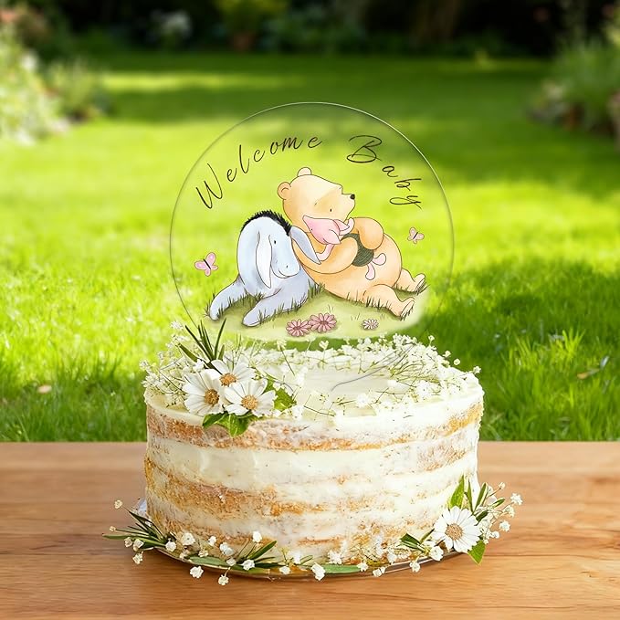 Classic Bear Cake Topper Acrylic 5x7" Vintage Style for Baby Shower Decorations, Winnie Themed Birthday Party Supplies, Oh Baby Welcome Home Cake Decor, Sturdy & Washable Keepsake