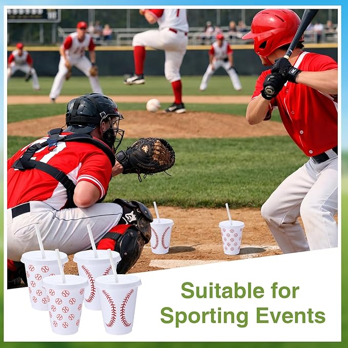 Sieral 30 Pcs Baseball Cups with Straws and Lids, 16 oz Reusable Plastic Tumblers Iced Coffee Travel Mug Sports Baseballs Water Bottle for Baseball Theme Party Favors Birthday Decorations