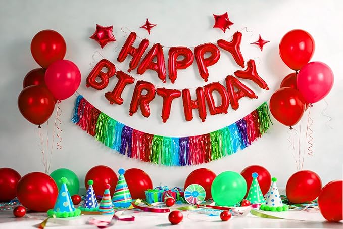 Red Happy Birthday Banner Balloon Aluminum Foil 16 Inch Letter,10 Inch Five Pointed Star Four Pointed Star Suitable for Kids, Men, Women, Boys and Girls Party Decoration Supplies