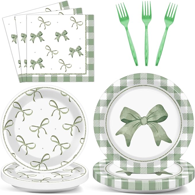 96Pcs Green Plaid Bow Spring Plates and Napkins Coquette Party Decorations Bow Theme Dessert Paper Plates Napkins Birthday Tableware Set for 24 Guests Girls Baby Shower Picnic BBQ Party Suppliess