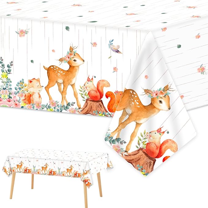 3 Pieces Woodland Tablecloths Baby Shower Decorations for Girl Floral Woodland Creatures Plastic Table Covers Forest Wild Creatures Animal Friends Table Decoration for Birthday Party Supplies