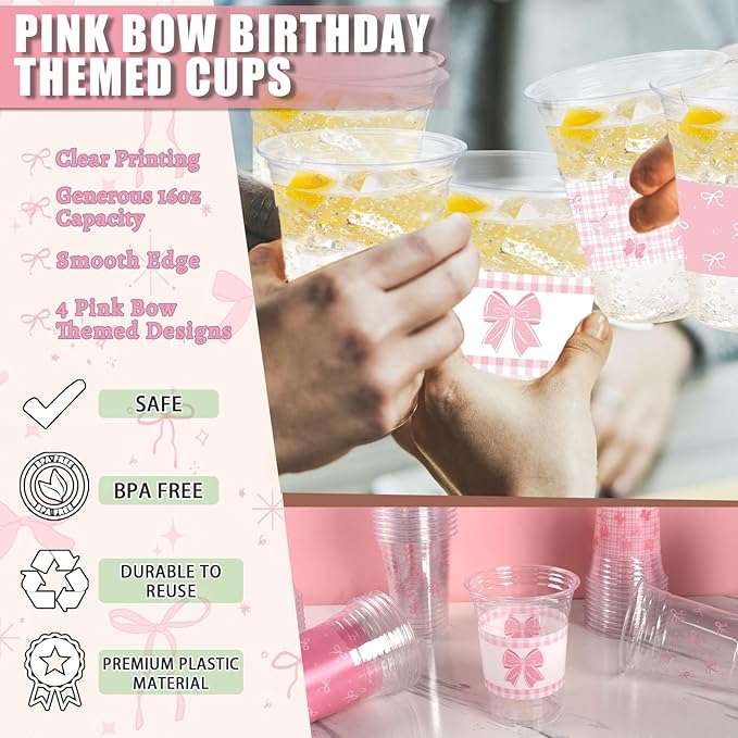 50 Pcs Pink Bow Birthday Decoration Cups,16 oz Coquette Plastic Disposable Drinking Cups for Wedding Birthday Bridal Baby Shower Party Supplies