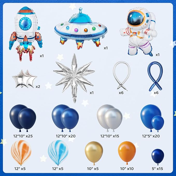 Ouddy Party 142Pcs Outer Space Party Decorations Balloon Garland Kit, Space Birthday Party Supplies UFO Astronaut Themed Navy Blue Silver Foil Latex Balloons for Boys Kids