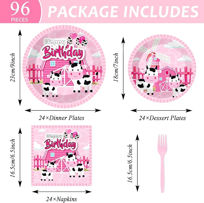 Wiooffen 96 Pcs Cow Birthday Party Supplies Cow Theme Birthday Tableware Set for Girls Pink Cow Print Themed Party Decorations Farm Animal Birthday Party Paper Plates Napkins Forks 24 Guests