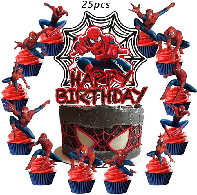 51PCS spidey birthday party supplies, backdrop, "Happy Birthday" banner,tablecloth, large aluminum balloon, small aluminum balloons, latex balloons, cake topper,cupcake toppers, hanging swirls