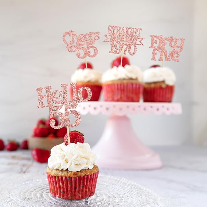 Ephlyn 24Pcs 55th Birthday Cupcake Toppers Glitter Straight Outta 1970 Cupcake Picks Hello 55 Cheers to 55 Years Cake Decorations for 55th Birthday Anniversary Party Decorations Supplies Rose Gold