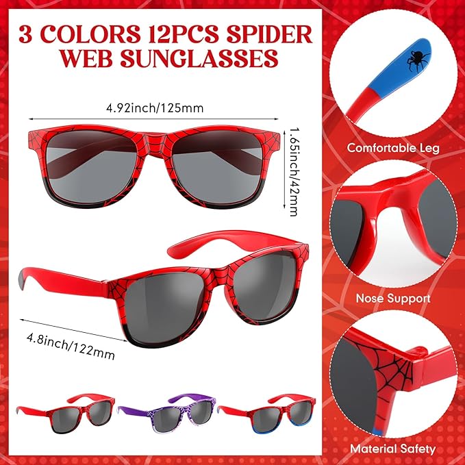 Soulchen 48 Pieces Spiderweb Birthday Party Decoration Set Spiderweb Gift Bags Spider Silicone Bracelet Sunglasses Cobweb Sticky Hands Toys for Birthday Party Supplies Favors (Vibrant)