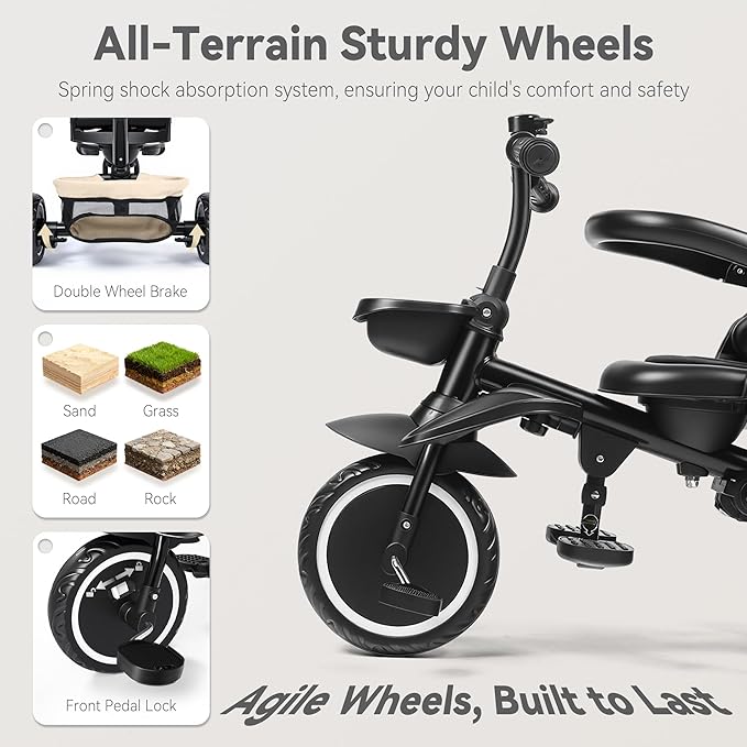 8 in 1 Kids Tricycle, Folding Toddler Tricycle w/Reversible Seat, Adjustable Push Rod & Canopy, Baby Trike Toddler Bike w/Bell, 5-Point Harness, Extra Storage, Cup Holder, Khaki