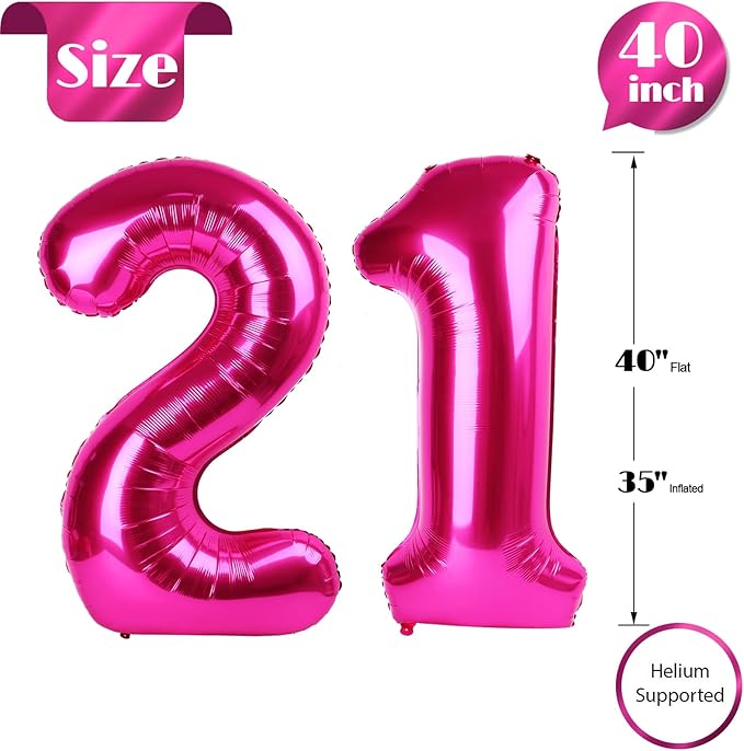 Hot Pink Number 21 Balloons 40 inch, 21 Number Balloons, 21st Birthday Decorations, 21 Year Old Women Hot Pink Party Supplies