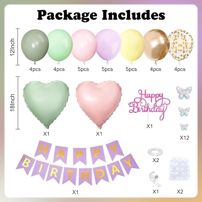 Fairy Birthday Decorations for Women Girls,Fairy Themed Party Decorations Sage Green Purple Pink Yellow Balloons Happy Birthday Banner Girls Butterfly Birthday Decor Spring Tea Party Supplies