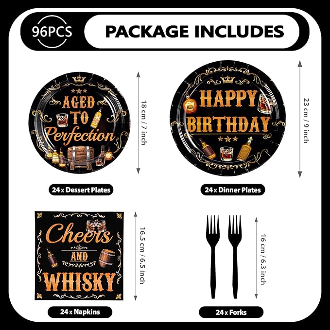 Grencian 96Pcs Whiskey Birthday Party Decorations for Men Aged to Perfection Party Supplies Plates Disposable Heavy Duty Whiskey Birthday Tableware Set for Beer Theme Parties Supplies Serves 24