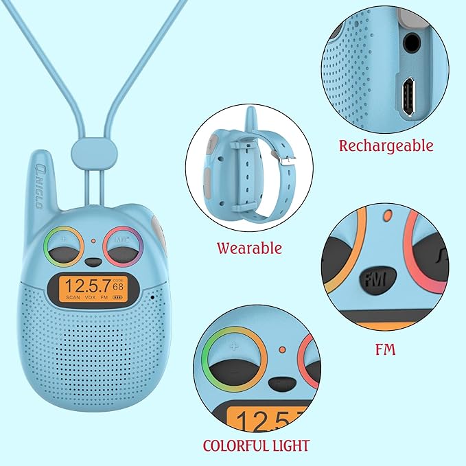 Qniglo Kids Walkie Talkies Rechargeable, Gifts for 3-12 Year Old Girls Boys, Walkie Talkies for Kids with FM Radio, Adventure Camping Games, Best Chritmas Birthday Toys Gifts for Kid, 3 Pack